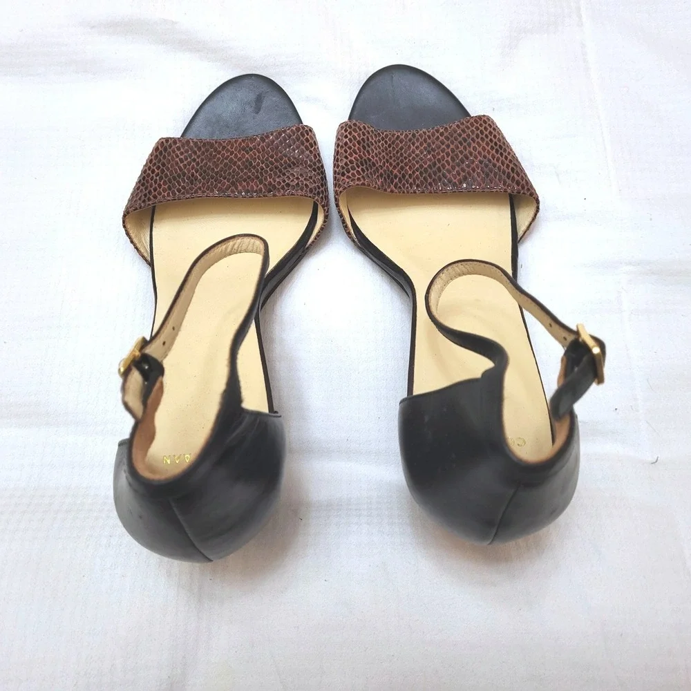 Cole Haan Rosalin Brown Snakeskin Black Ankle Strap Leather Wedge Sandal 8B